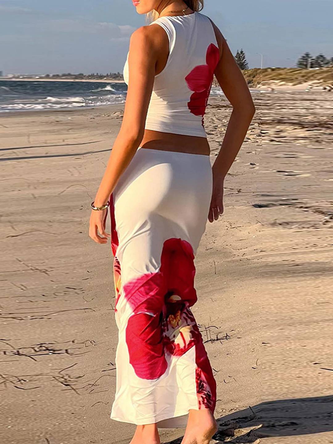 ensemble robe d'été fleurie cropped col rond sans manches top et longue jupe femme décontracté vintage de plage | KONF