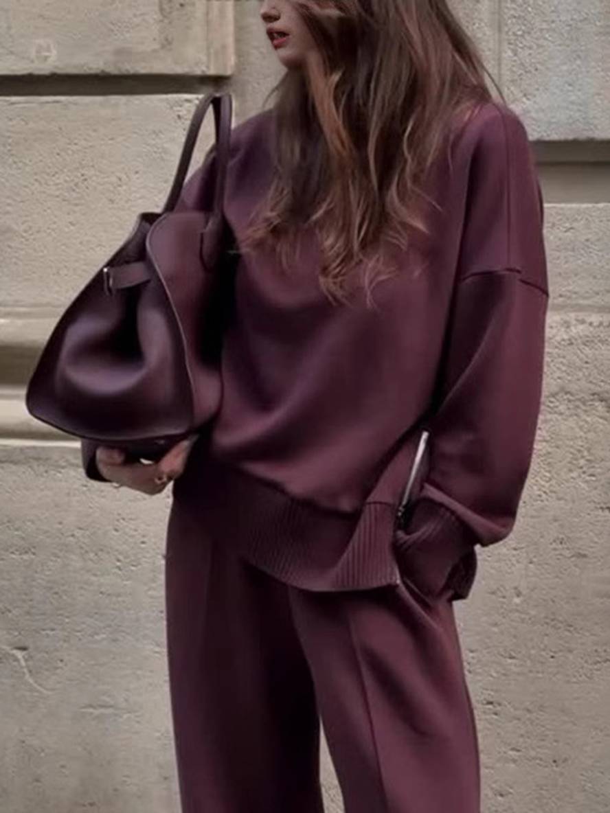 ensembles avec pantalon unicolore col roulé col montant manches longue femme élégant sport décontracté ample | KONF