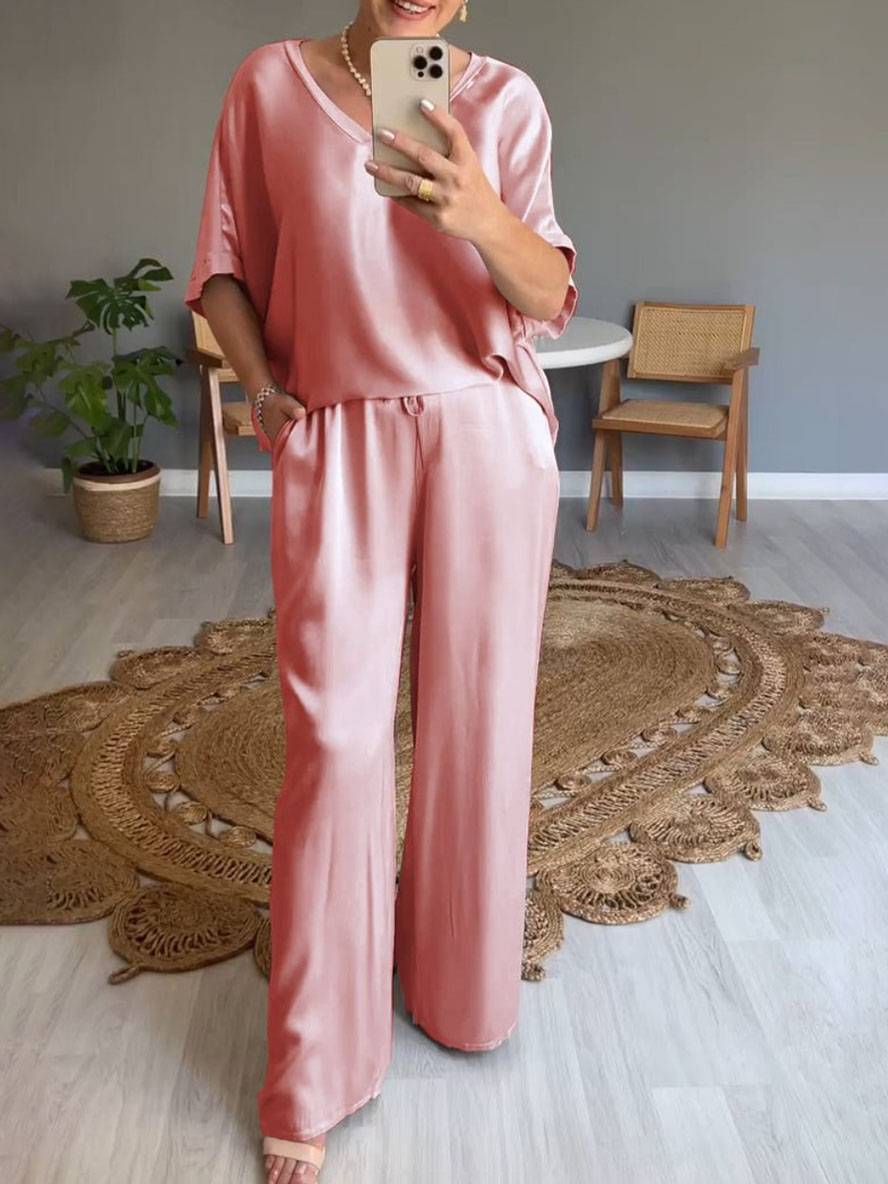 ensembles avec pantalon v-cou poches manches chauve souris manches courtes femme élégant décontracté ample deux pièces | KONF