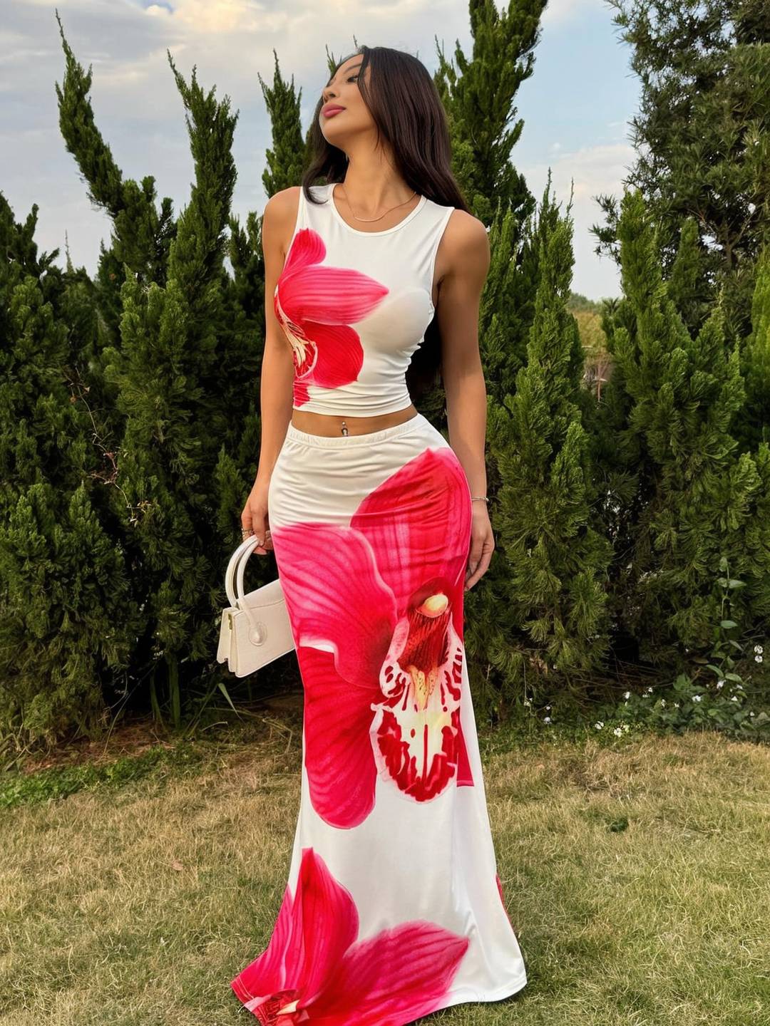 ensemble robe d'été fleurie cropped col rond sans manches top et longue jupe femme décontracté vintage de plage | KONF