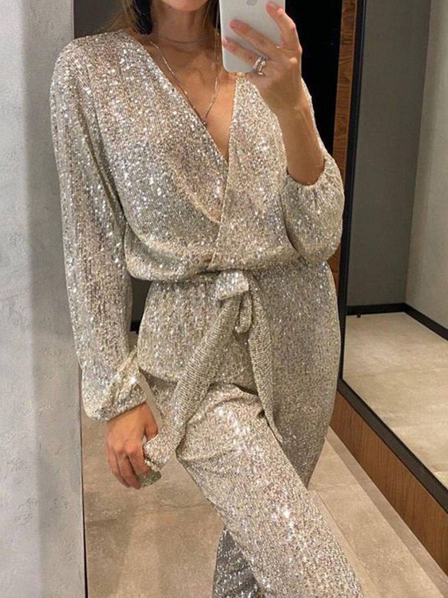 combinaisons v-cou brillante paillette ceinture décolleté plongeant manches longues femme élégant mode casual noël | KONF