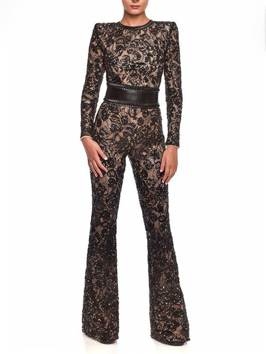 combinaisons flare évasé dentelle col rond ceinture manches longues femme élégant vintage | KONF