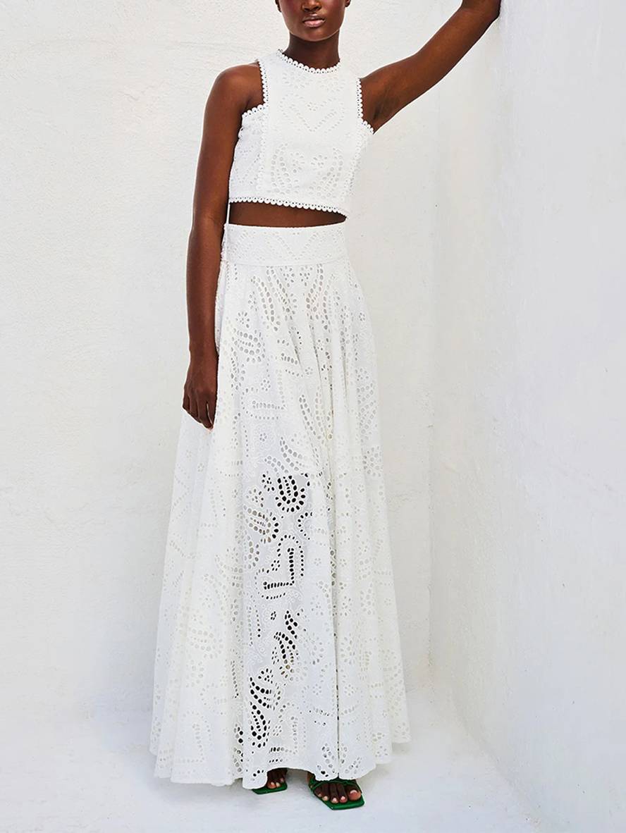 robe broderie anglaise poches sans manches hauts trapèze fluide jupe femme élégant décontracté ensemble | KONF