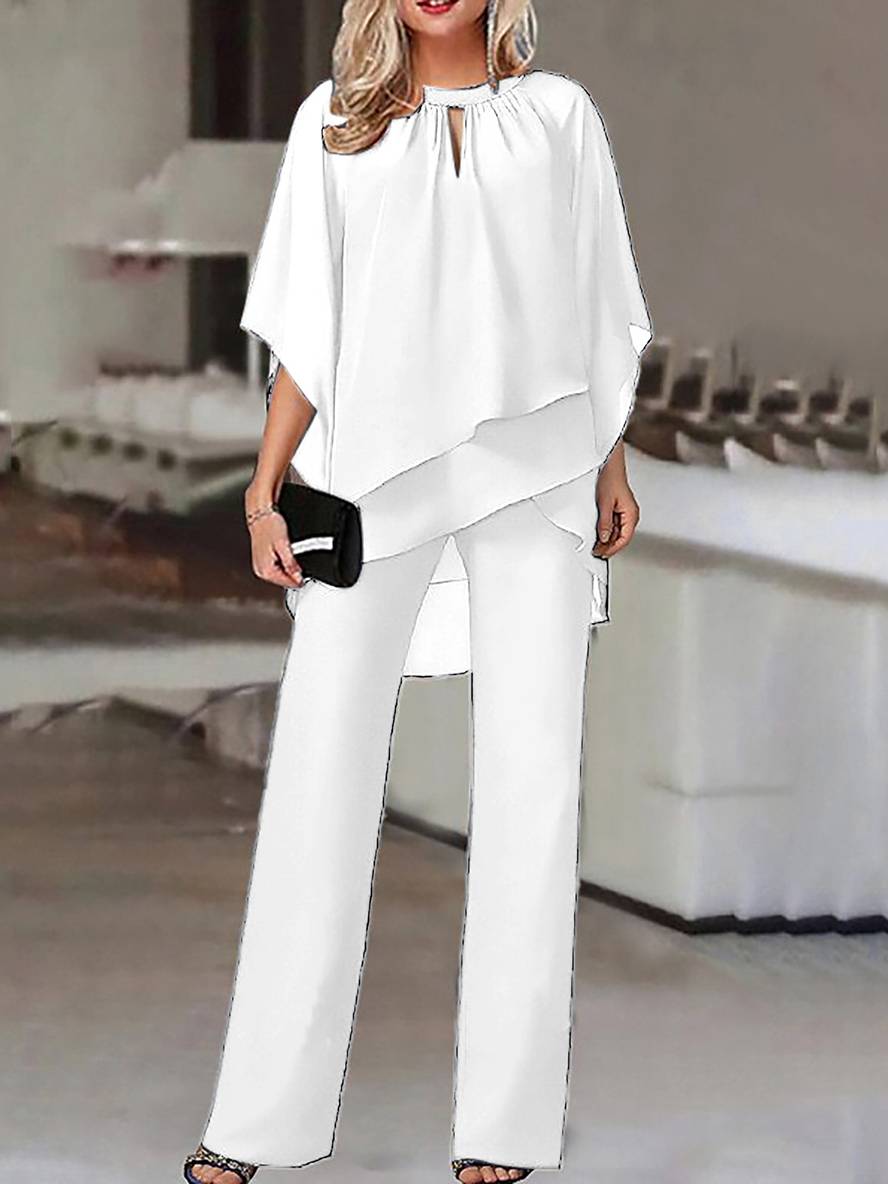 ensembles deux pièces col rond manches chauve souris hauts irrégulière droit pantalon femme lâche décontracté de mariage | KONF