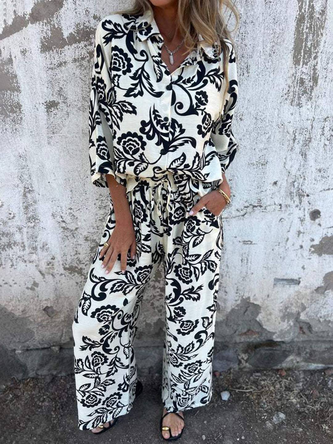 ensembles imprimé à fleurie poches col chemise manches longues chemise et pantalon femme casual décontracté deux pièces | KONF