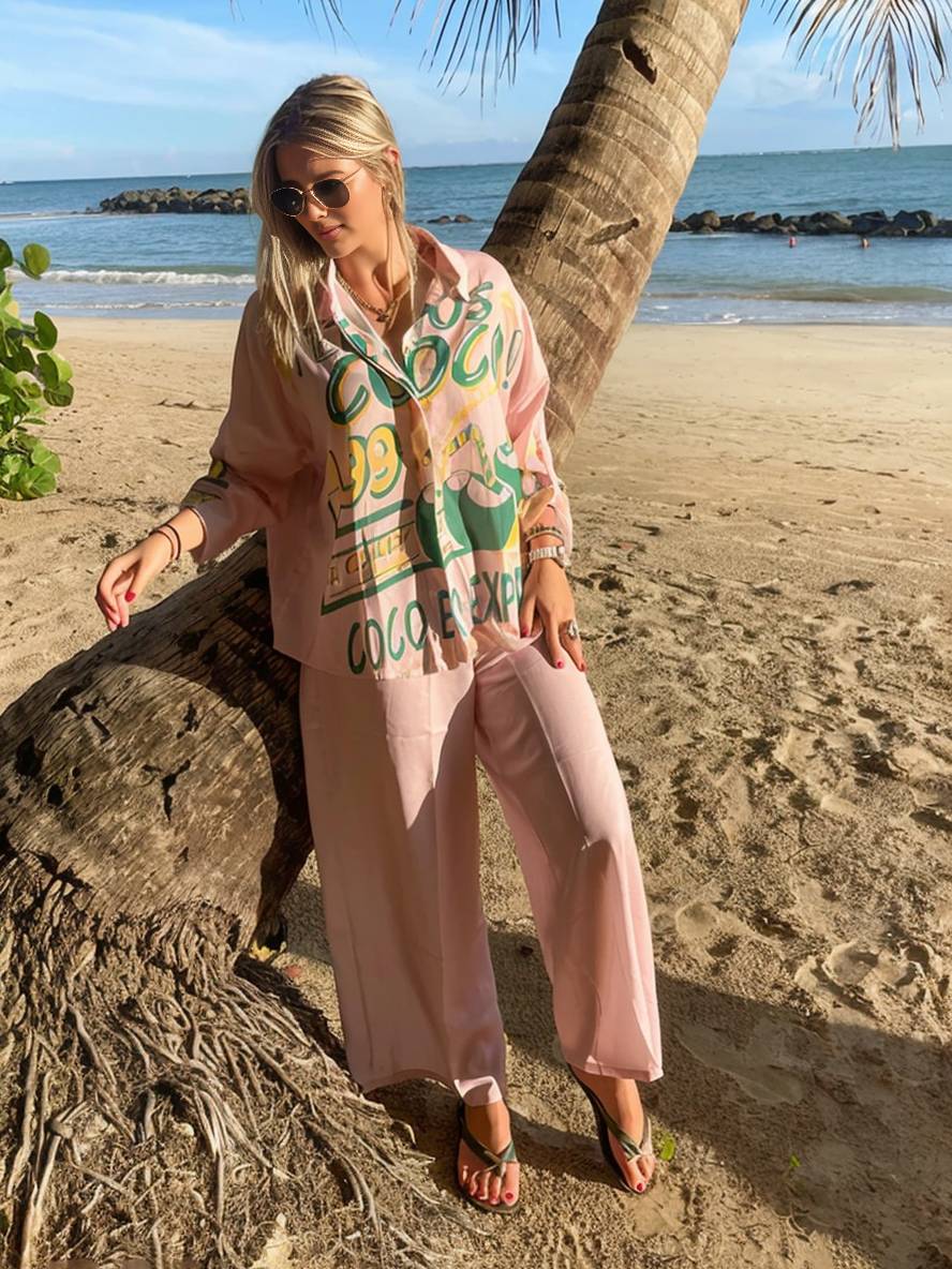 tenue ensembles avec pantalon lettres motif col chemise manches longues femme style boyfriend décontracté deux pièces | KONF