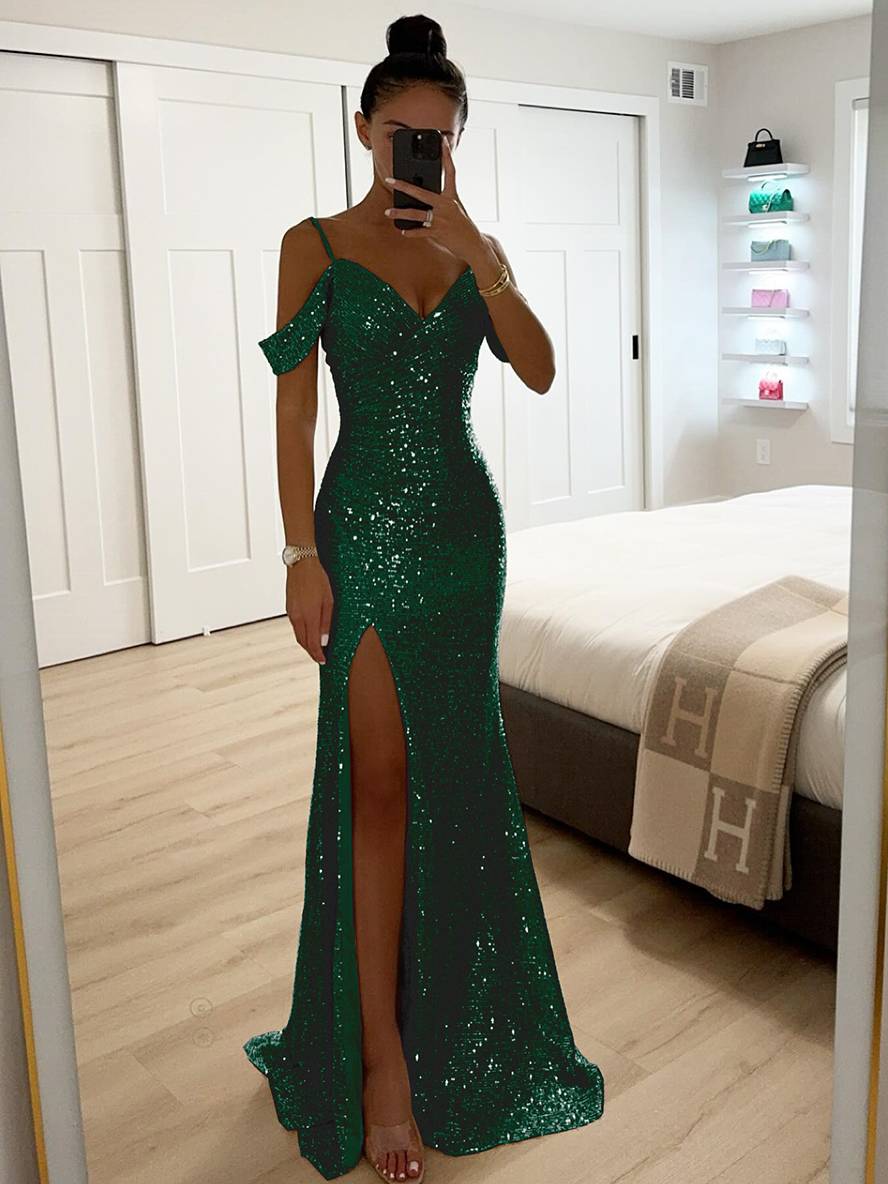 longue robe v-cou brillante paillette fendu le côté épaules fendues sans manches femme élégant de soirée cérémonie | KONF