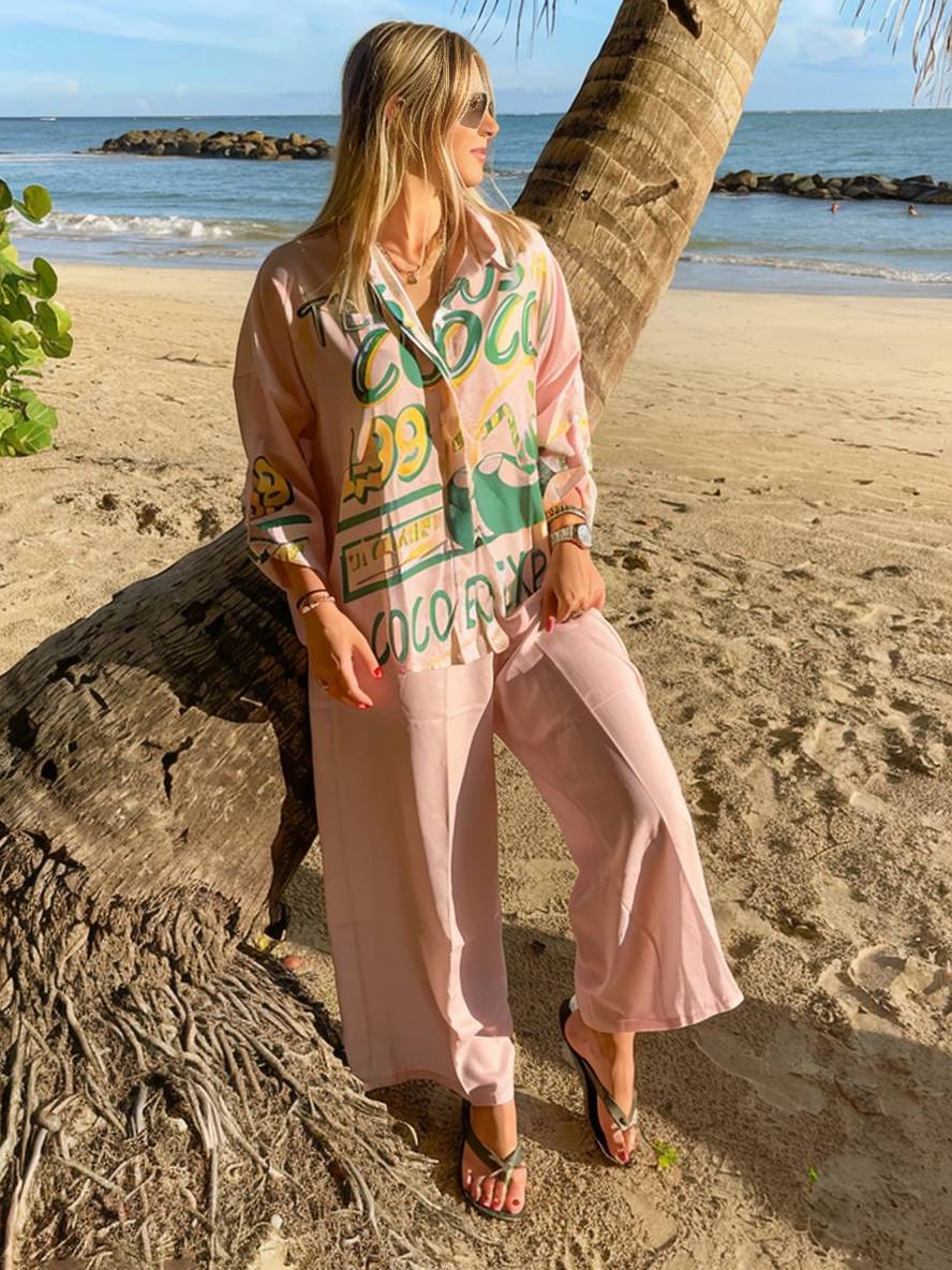 tenue ensembles avec pantalon lettres motif col chemise manches longues femme style boyfriend décontracté deux pièces | KONF