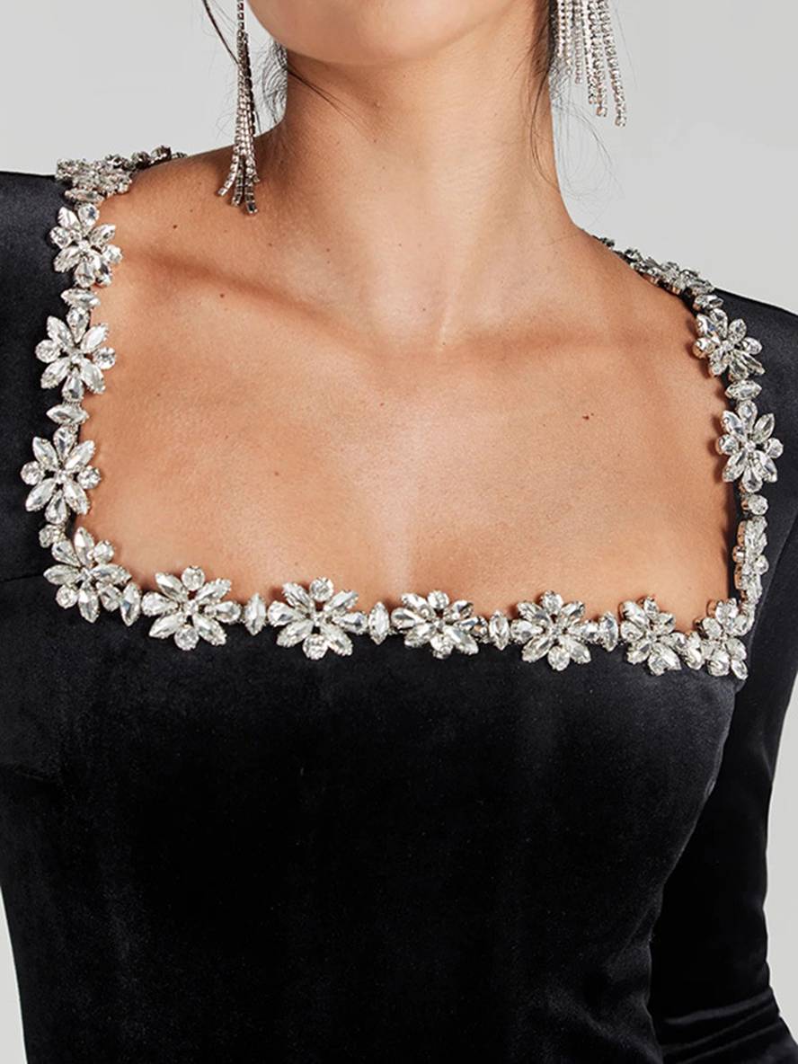 combinaisons flare évasé velours col carré manches longues slim fitness femme élégant décontracté casual cérémonie | KONF