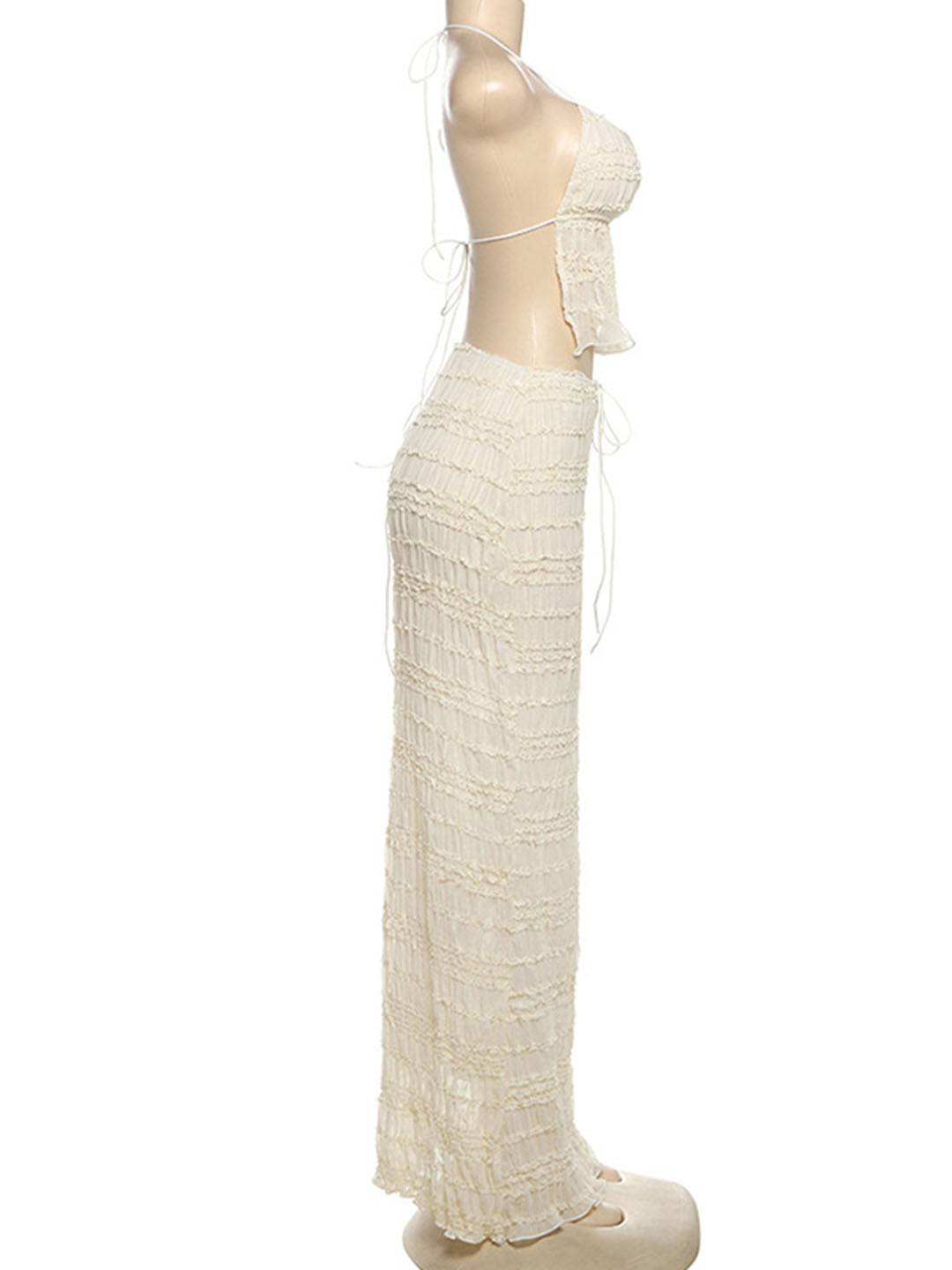 tenue ensemble avec longue jupe mousseline dos nu licou sans manches débardeur robe femme bohème décontracté deux pièces | KONF