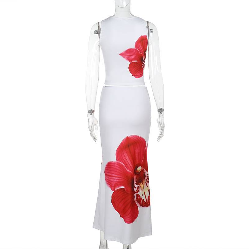 ensemble robe d'été fleurie cropped col rond sans manches top et longue jupe femme décontracté vintage de plage | KONF