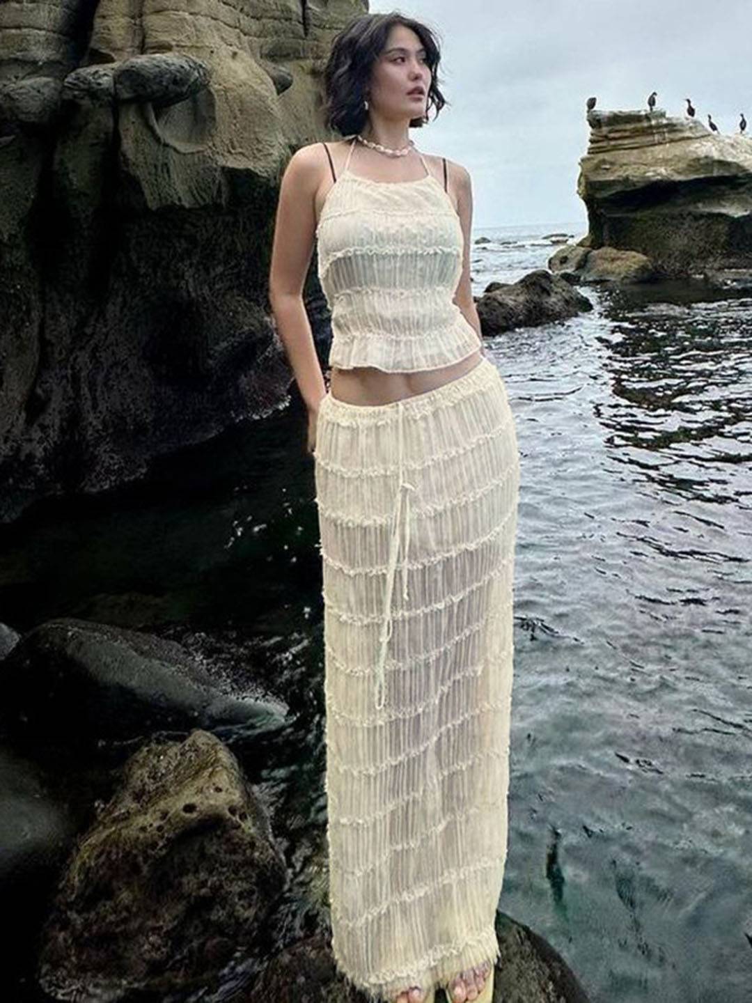 tenue ensemble avec longue jupe mousseline dos nu licou sans manches débardeur robe femme bohème décontracté deux pièces | KONF