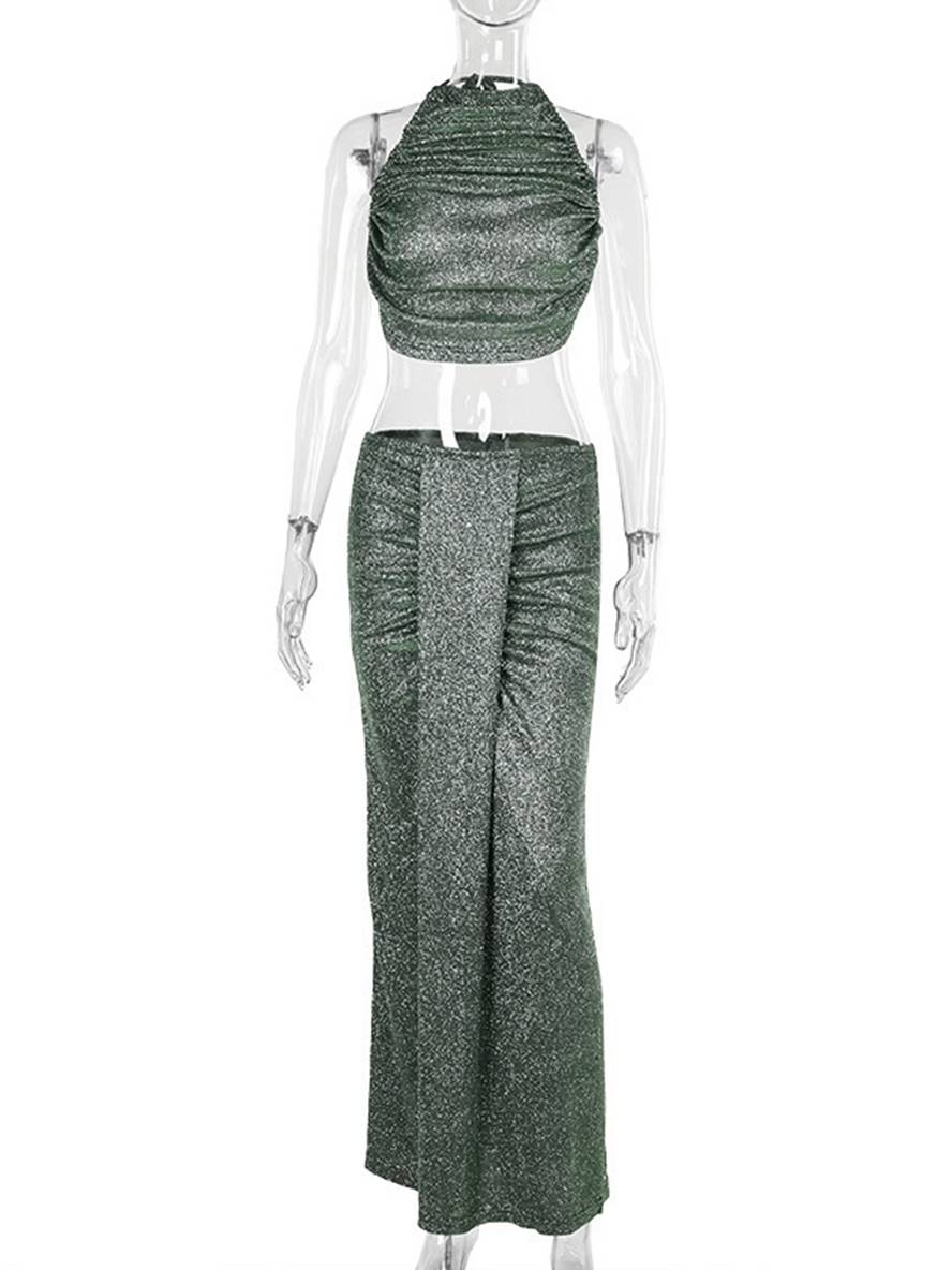 ensemble robe licou à fines brides dos nu sans manches hauts longue jupe femme décontracté deux pièces | KONF