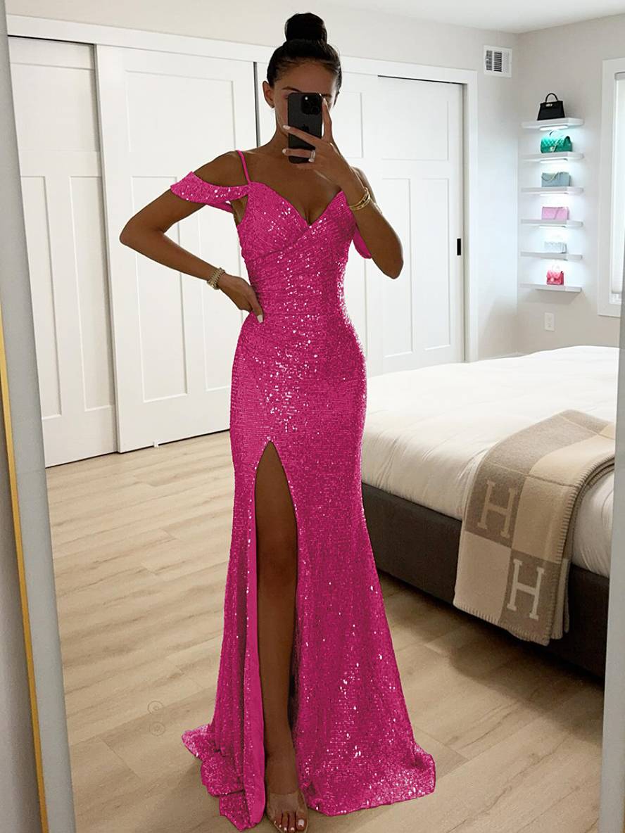 longue robe v-cou brillante paillette fendu le côté épaules fendues sans manches femme élégant de soirée cérémonie | KONF
