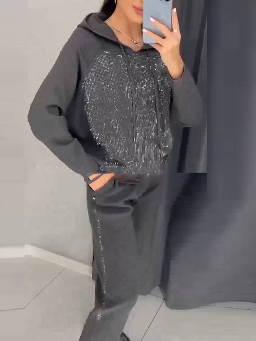 ensembles tailleur avec pantalon sweatshirt à capuche poches manches longues femme sport simple décontracté deux pièces | KONF