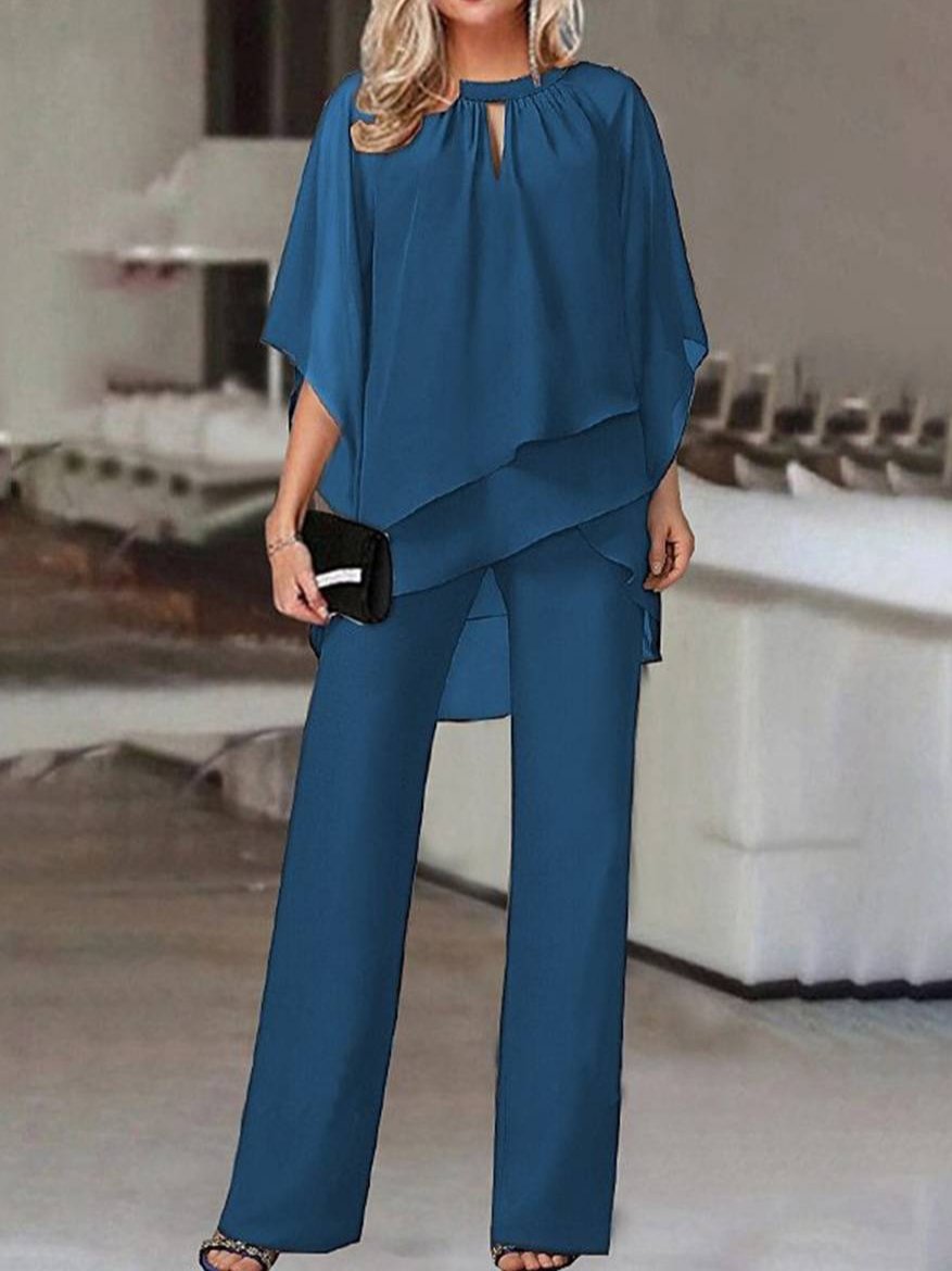 ensembles deux pièces col rond manches chauve souris hauts irrégulière droit pantalon femme lâche décontracté de mariage | KONF