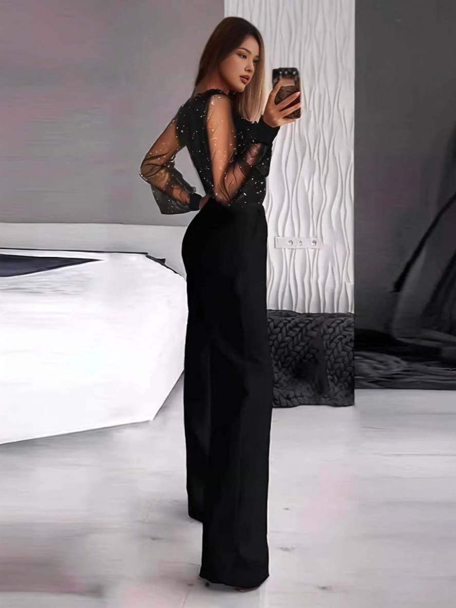 combinaisons flare évasé v-cou tulle manches longues poches femme casual décontracté une pièce | KONF