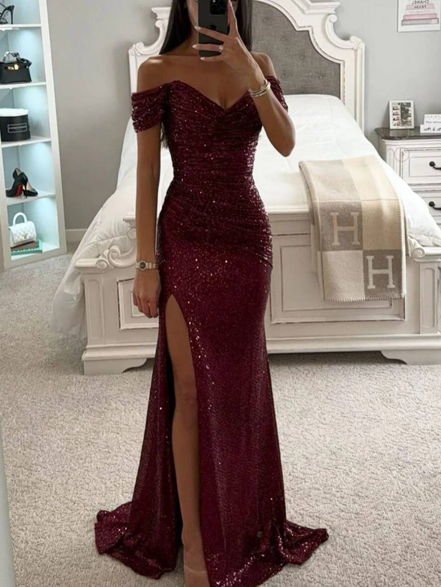 robe longue bustier brillante paillette fendu le côté sirene col bateau sans manches femme élégant de soirée cérémonie | KONF
