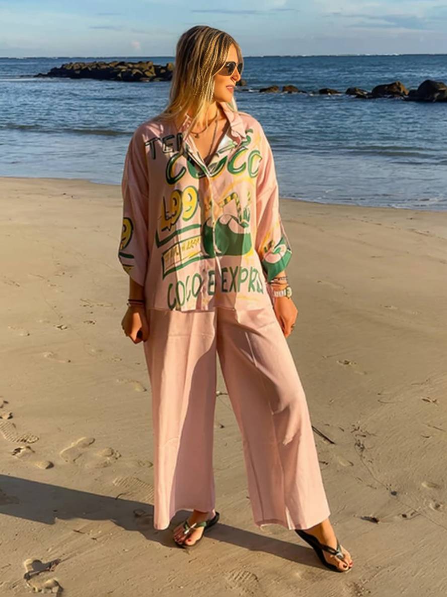 tenue ensembles avec pantalon lettres motif col chemise manches longues femme style boyfriend décontracté deux pièces | KONF