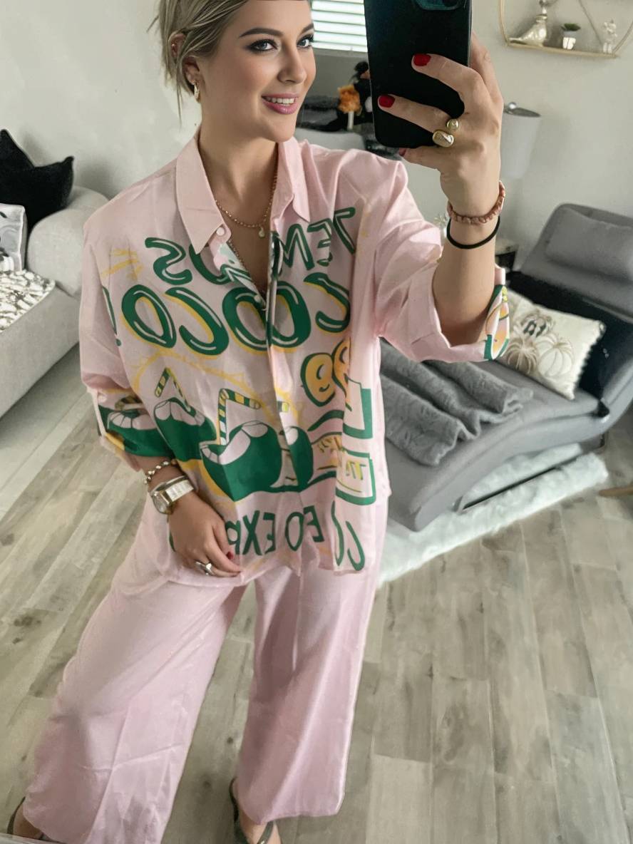 tenue ensembles avec pantalon lettres motif col chemise manches longues femme style boyfriend décontracté deux pièces | KONF