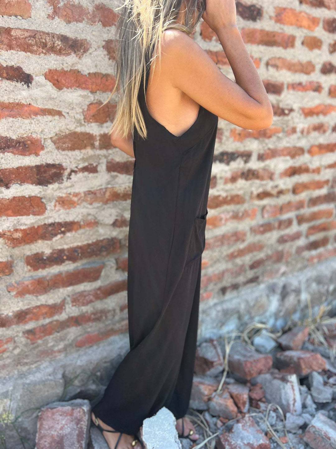 combinaisons boutonnage poches dos nu sans manches femme élégant décontracté casual | KONF