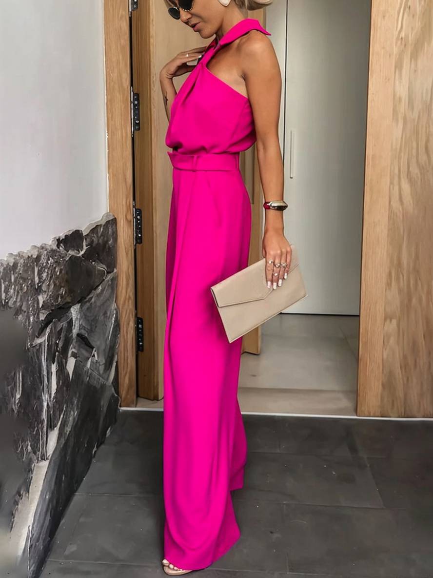 combinaisons larges jambes évasé col chemise découpes poches sans manches femme décontracté casual | KONF