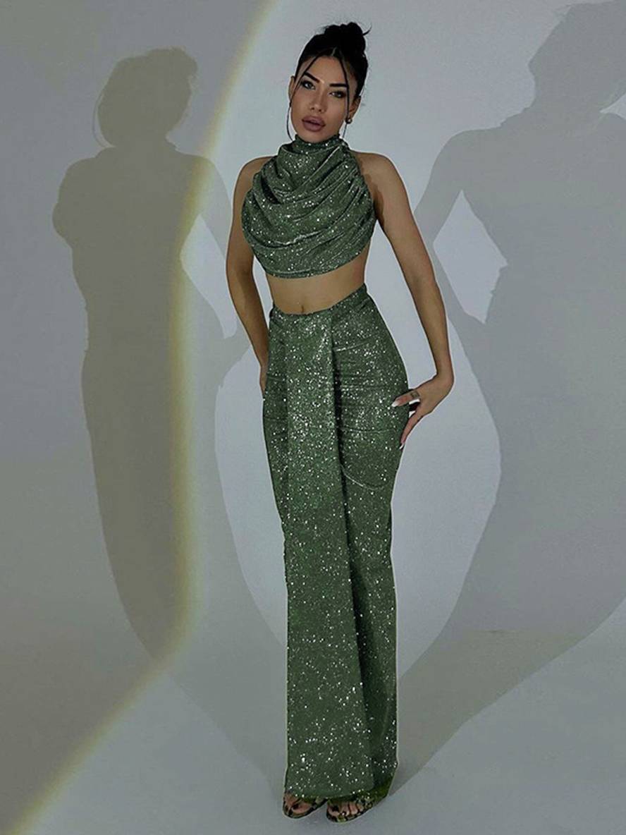 ensemble robe licou à fines brides dos nu sans manches hauts longue jupe femme décontracté deux pièces | KONF