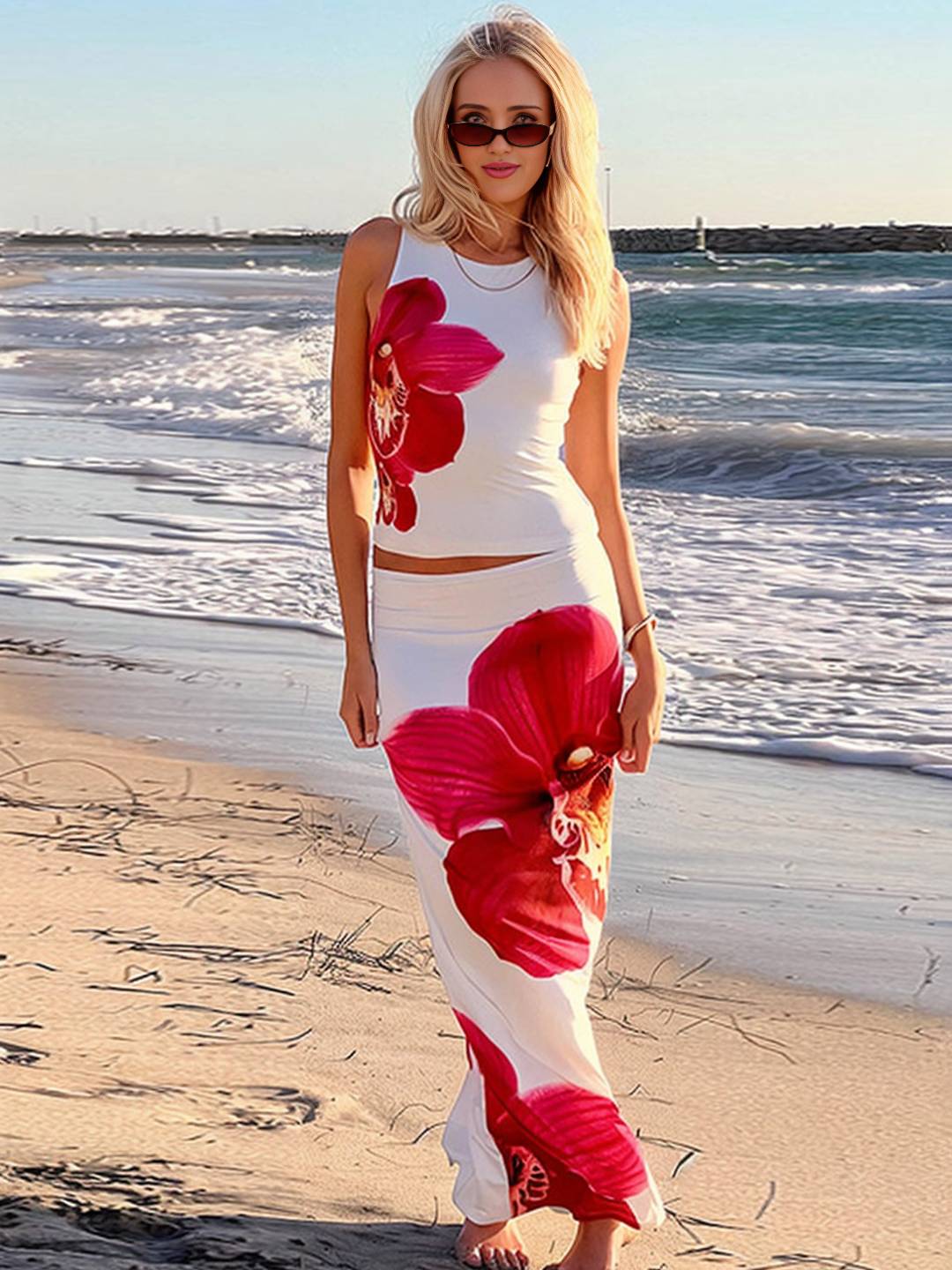 ensemble robe d'été fleurie cropped col rond sans manches top et longue jupe femme décontracté vintage de plage | KONF