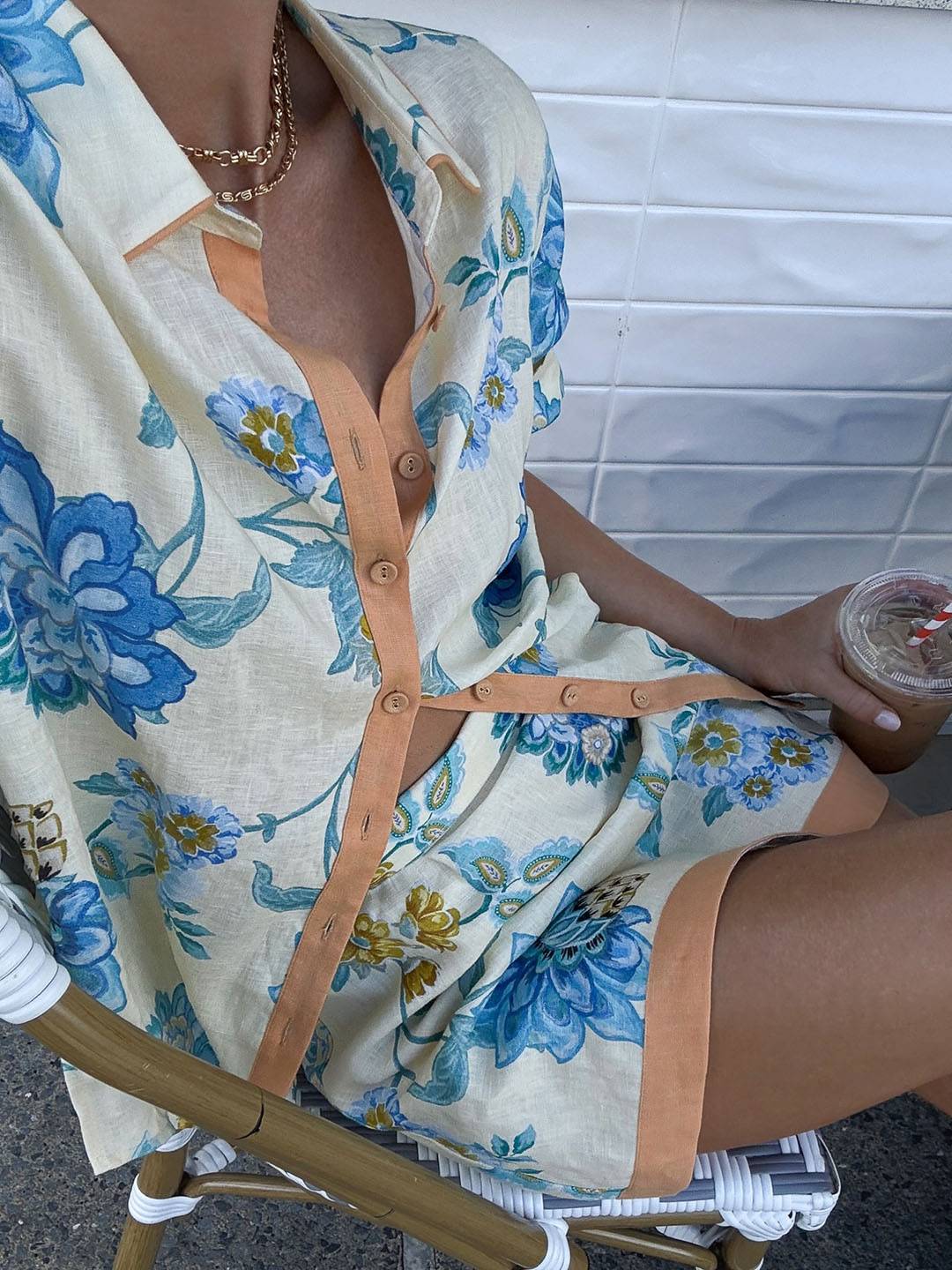 ensemble tenue avec jpue imprimé à fleurie boutonnage col chemise manches courtes chemise femme décontracté bleu jaune | KONF