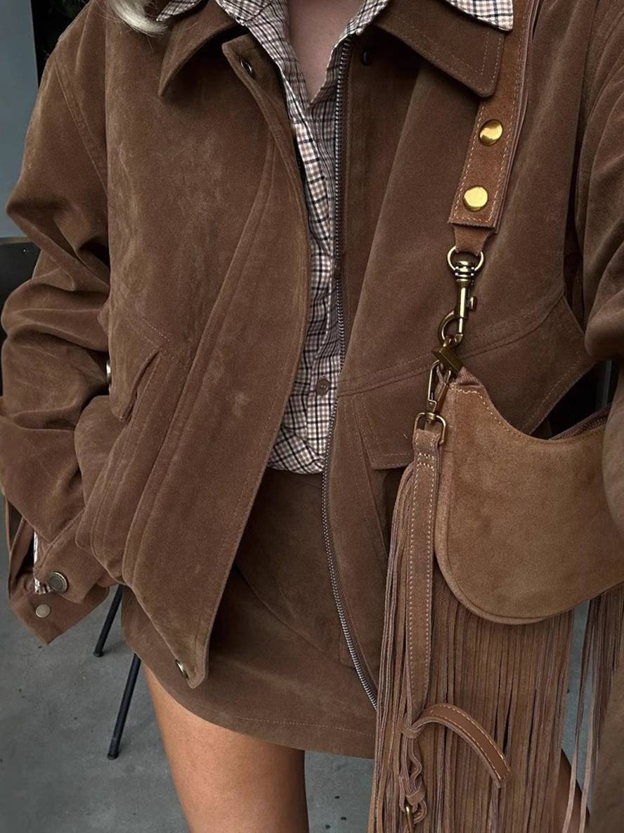 ensemble pour femme daim col revers poches veste courte jupe élégant décontracté deux pièces vêtements | KONF