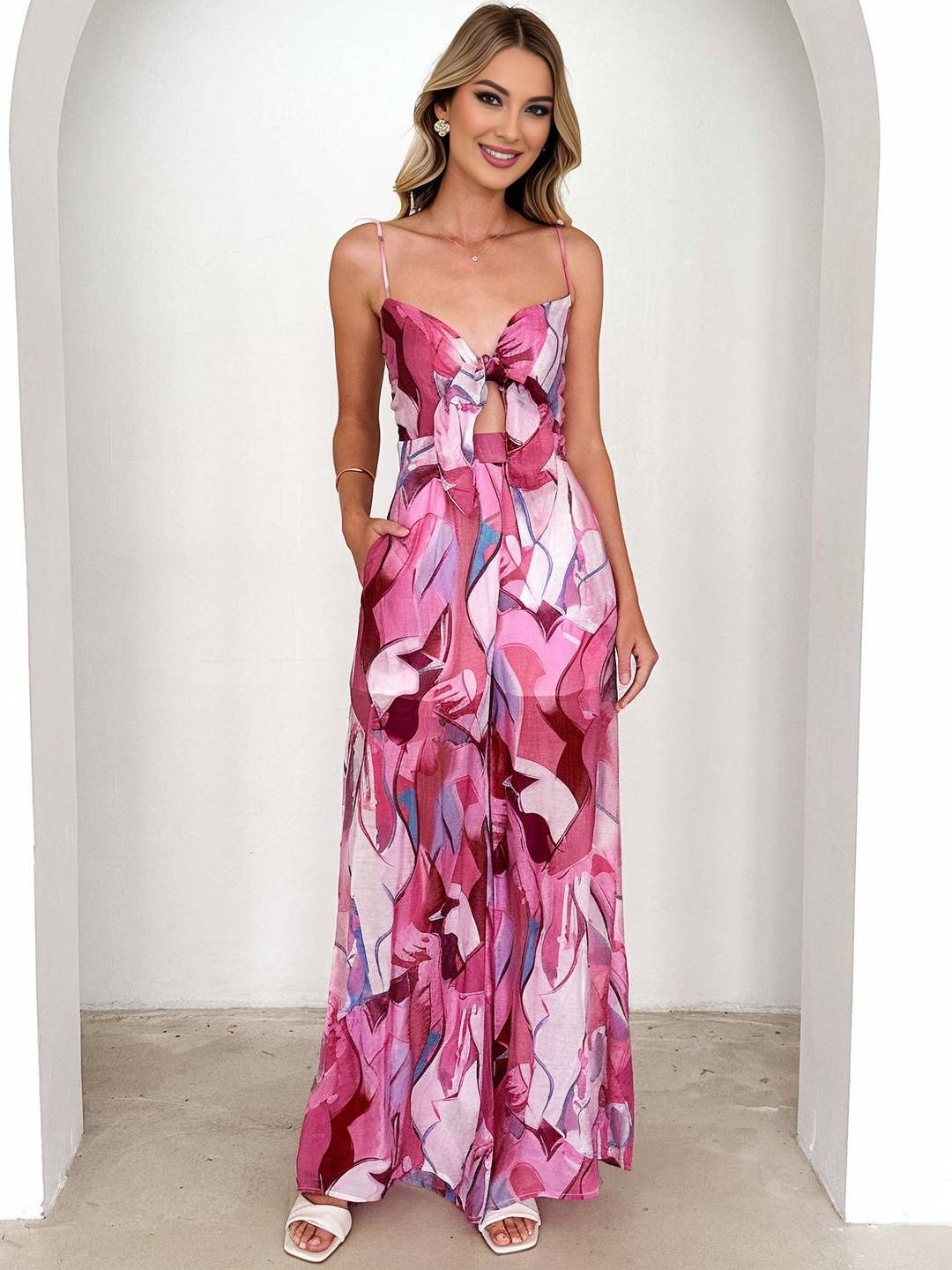 combinaisons larges jambes évasé imprimé à fleurie noeud papillon à fines brides sans manches femme casual décontracté | KONF