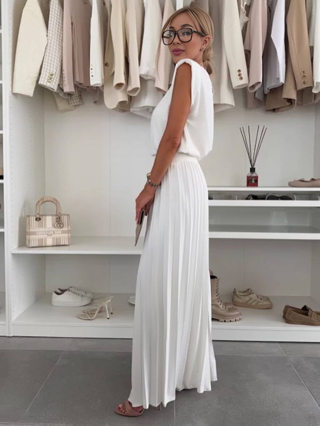 tenu ensembles avec larges jambes évasé plissé pantalon col rond sans manches hauts femme boho décontracté deux pièces | KONF