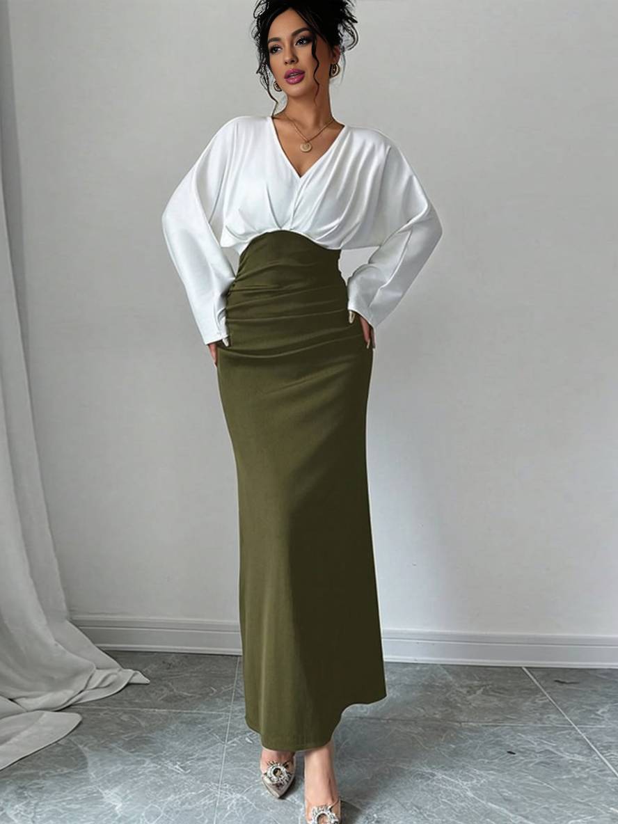 ensemble robe de bureau moulante v-cou manches longues chemise longue jupe femme style tailleur casual deux pièces | KONF