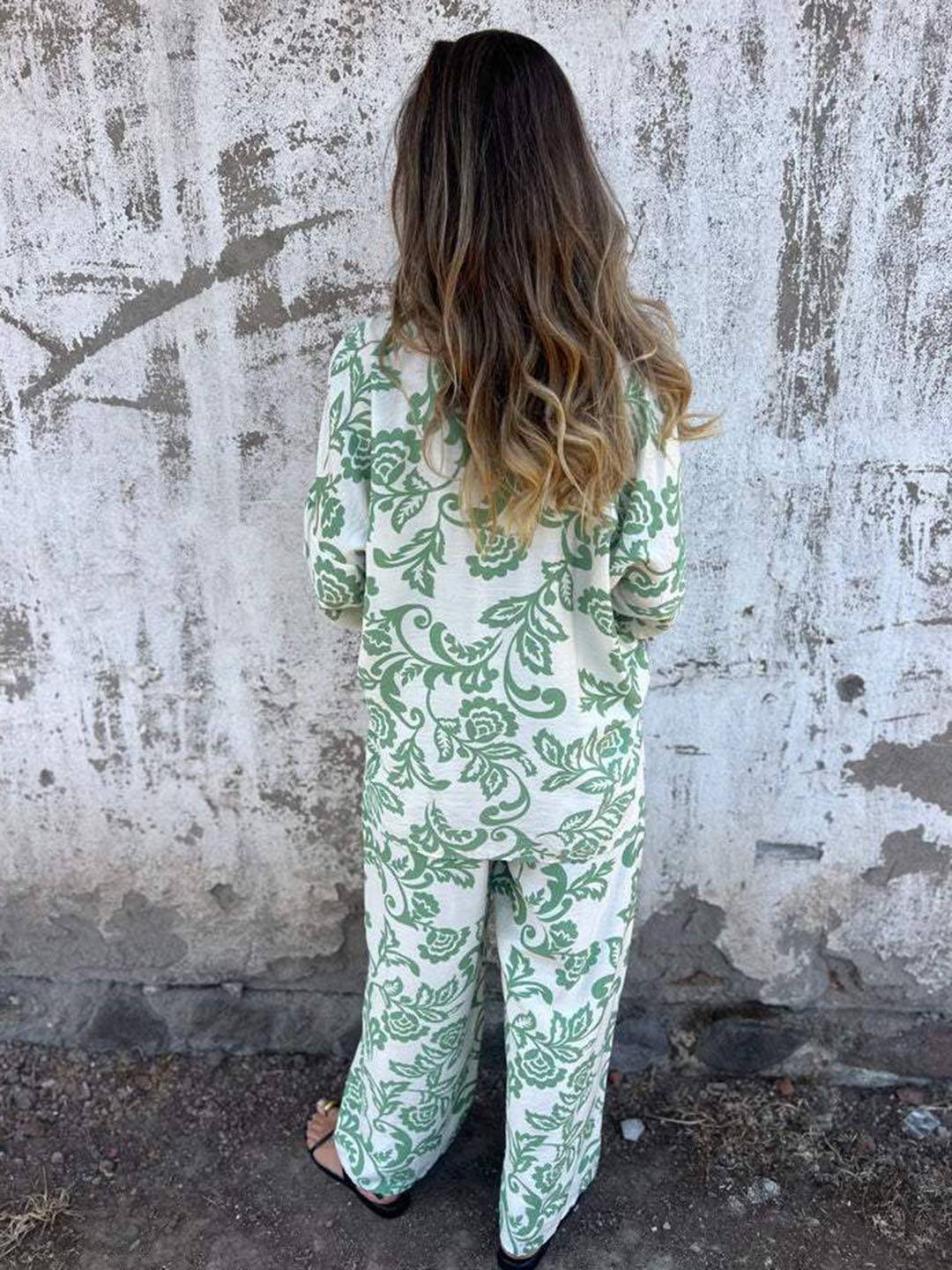 ensembles imprimé à fleurie poches col chemise manches longues chemise et pantalon femme casual décontracté deux pièces | KONF