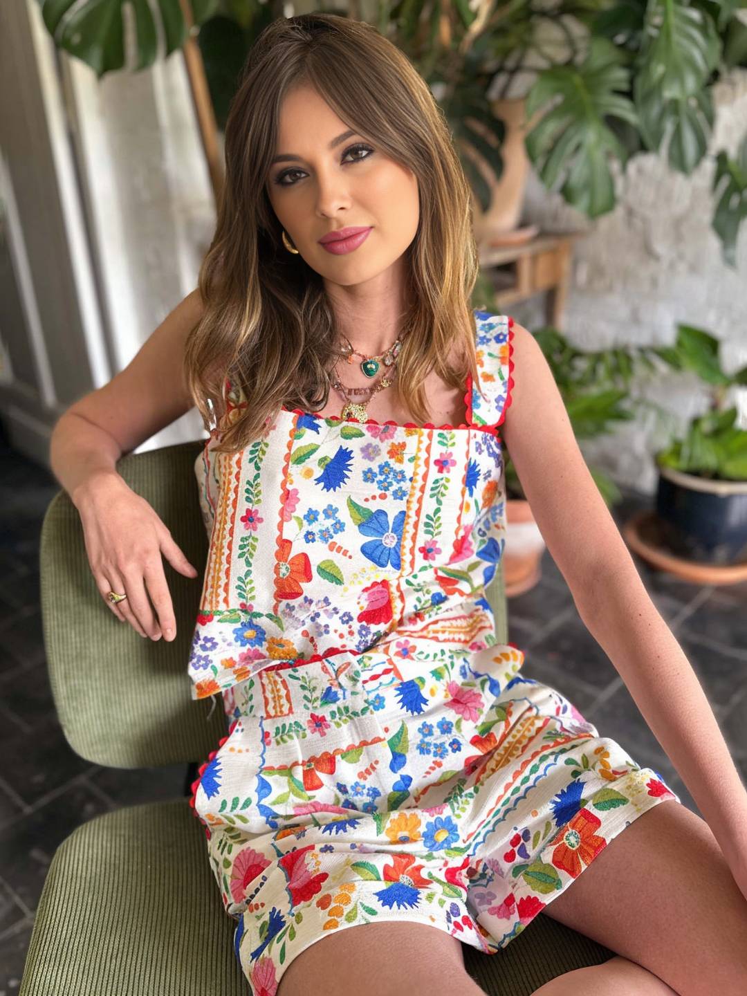 ensemble deux pièces vintage imprimé pour vacances femme haut bretelle sans manches et avec poches short style vacances | KONF