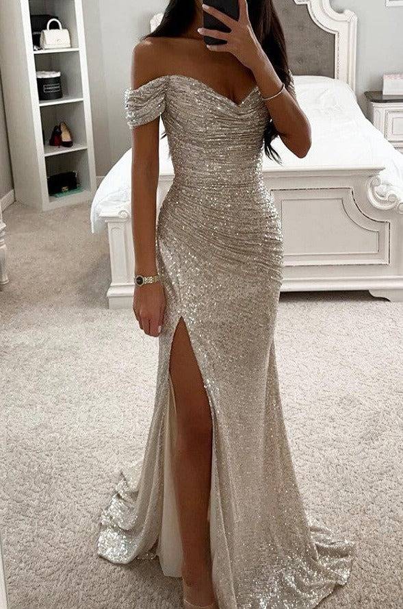 robe longue bustier brillante paillette fendu le côté sirene col bateau sans manches femme élégant de soirée cérémonie | KONF