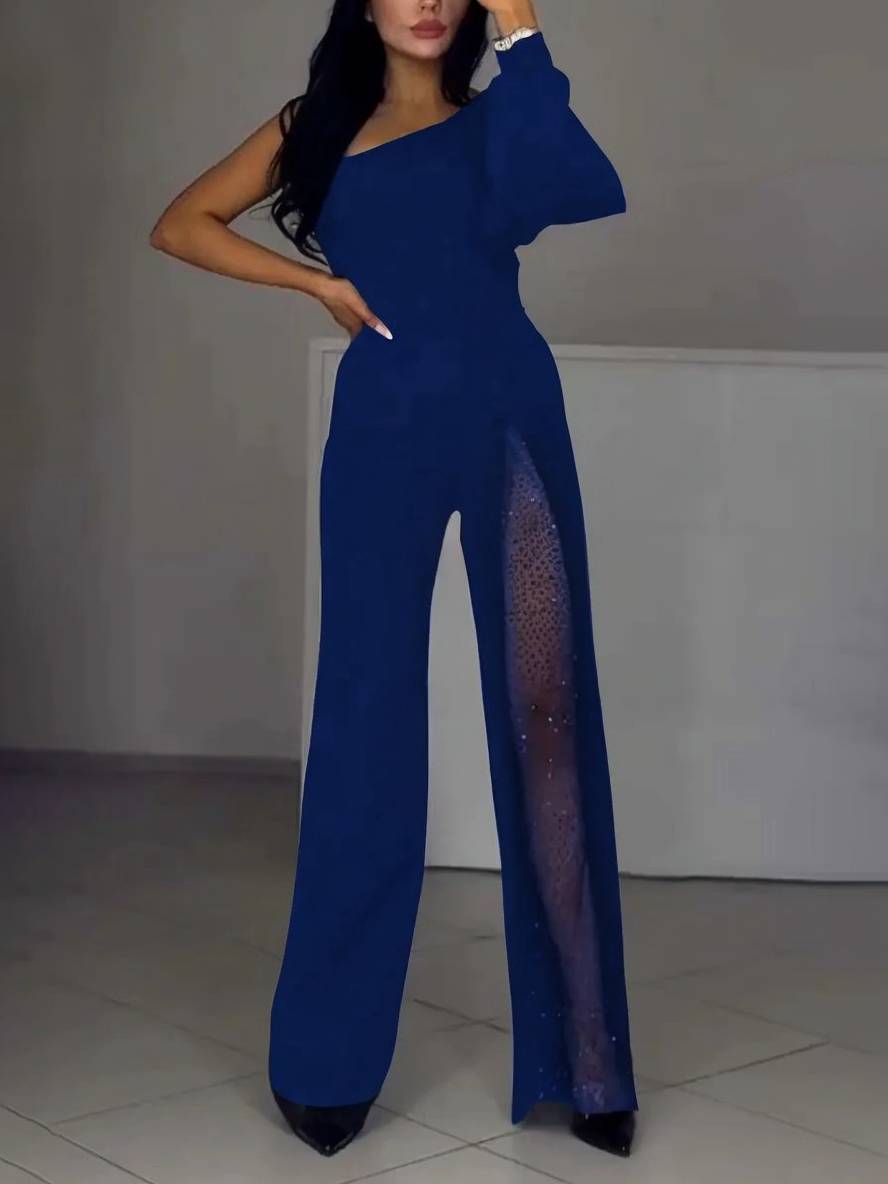 combinaisons flare évasé une épaule fendu le côté manches longues femme casual élégant décontracté cérémonie | KONF