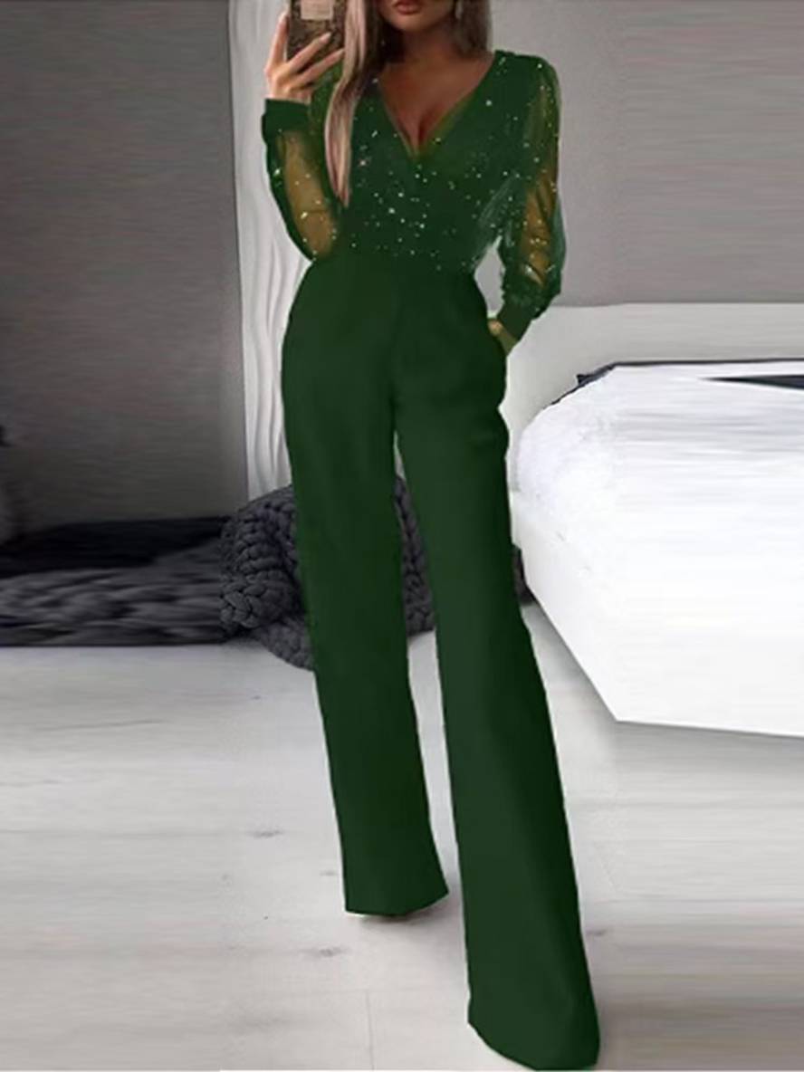 combinaisons flare évasé v-cou tulle manches longues poches femme casual décontracté une pièce | KONF