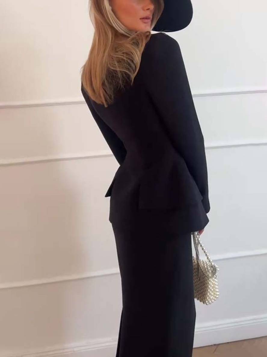 ensemble col carré boutons poches manches longues blazer avec jupe femme élégant décontracté deux pièces de bureau | KONF