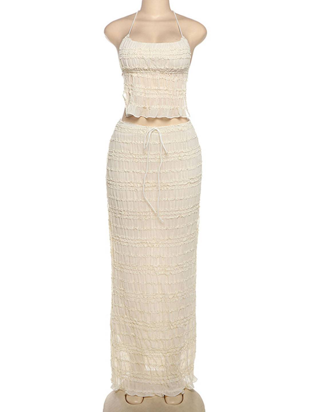 tenue ensemble avec longue jupe mousseline dos nu licou sans manches débardeur robe femme bohème décontracté deux pièces | KONF