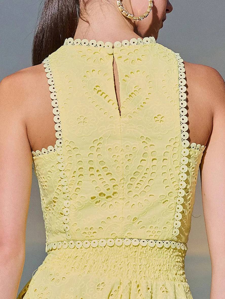 robe broderie anglaise poches sans manches hauts trapèze fluide jupe femme élégant décontracté ensemble | KONF