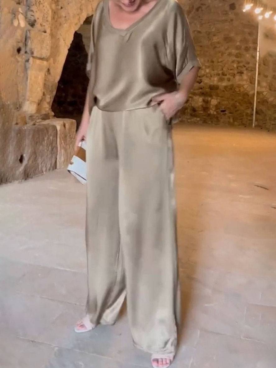ensembles avec pantalon v-cou poches manches chauve souris manches courtes femme élégant décontracté ample deux pièces | KONF