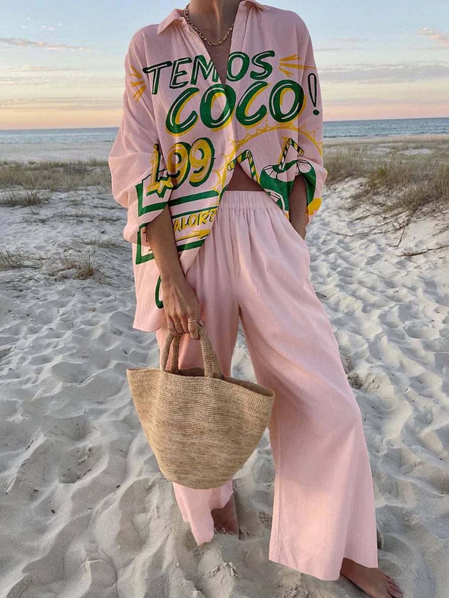 tenue ensembles avec pantalon lettres motif col chemise manches longues femme style boyfriend décontracté deux pièces | KONF