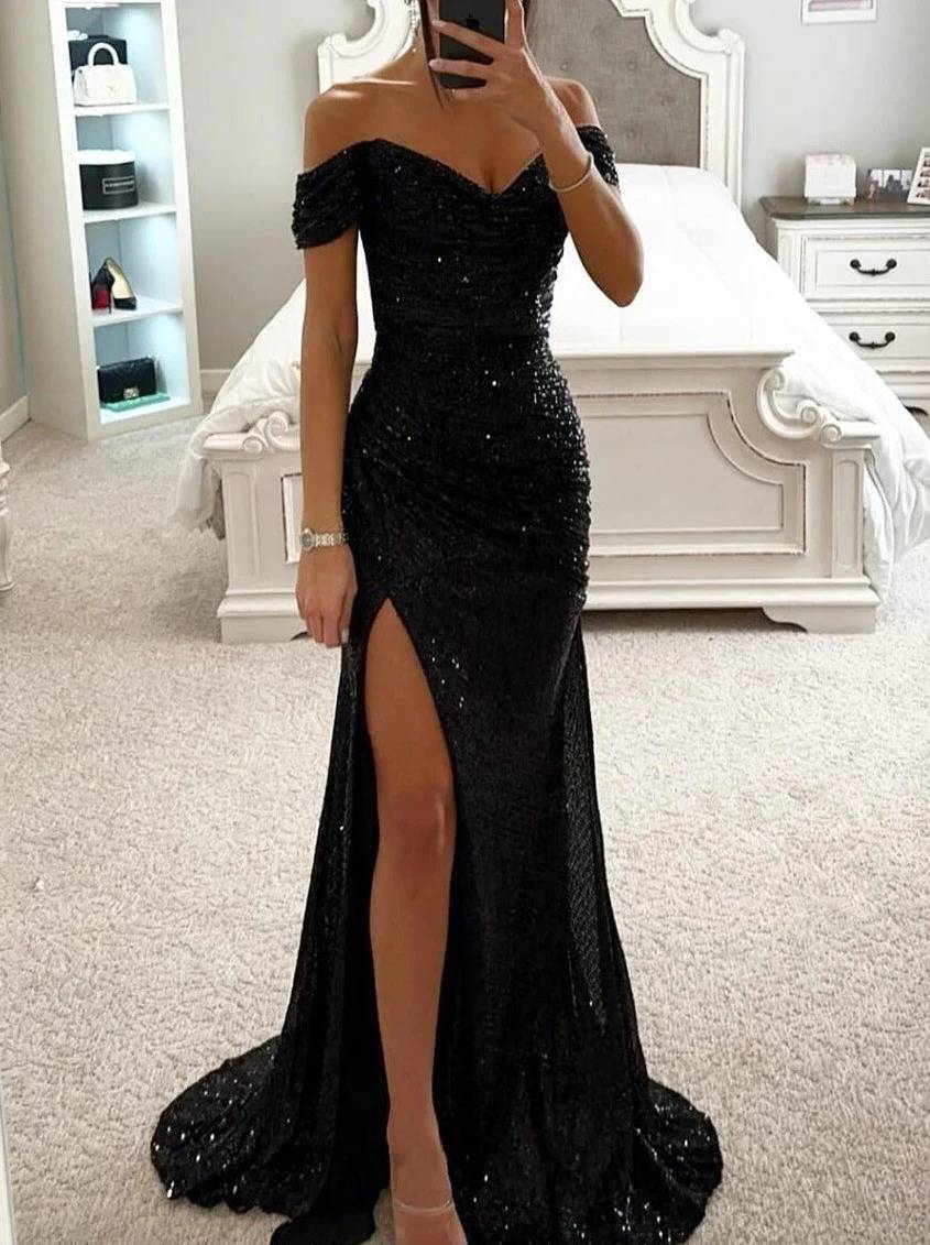robe longue bustier brillante paillette fendu le côté sirene col bateau sans manches femme élégant de soirée cérémonie | KONF