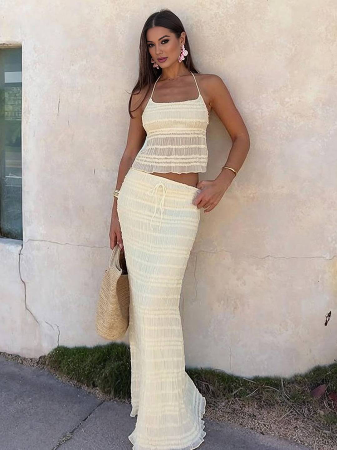 tenue ensemble avec longue jupe mousseline dos nu licou sans manches débardeur robe femme bohème décontracté deux pièces | KONF