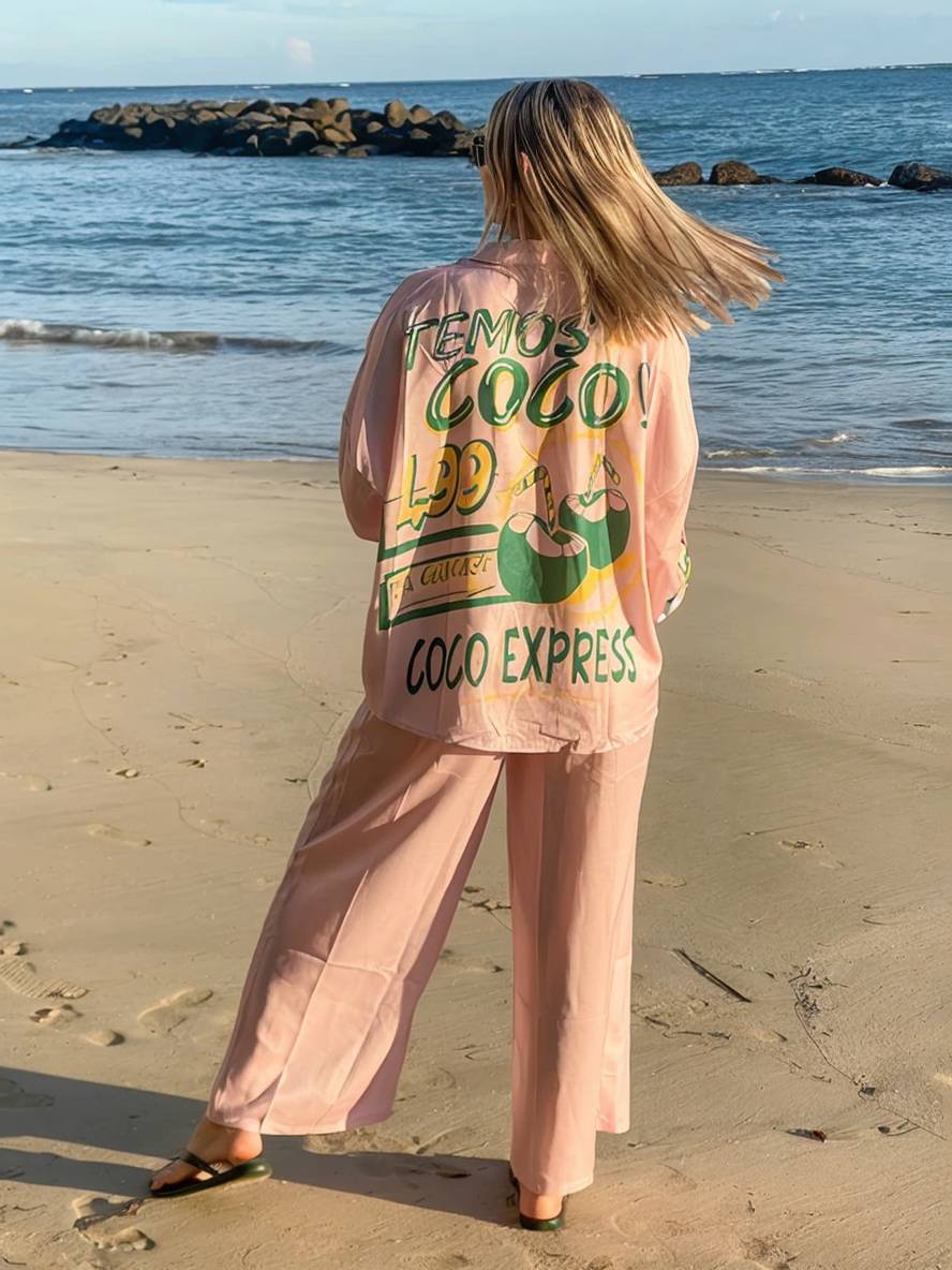 tenue ensembles avec pantalon lettres motif col chemise manches longues femme style boyfriend décontracté deux pièces | KONF