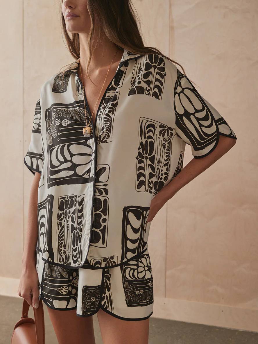ensemble tenue imprimé à fleurie boutonnage col chemise manches courtes femme décontracté ample casual deux pièces | KONF