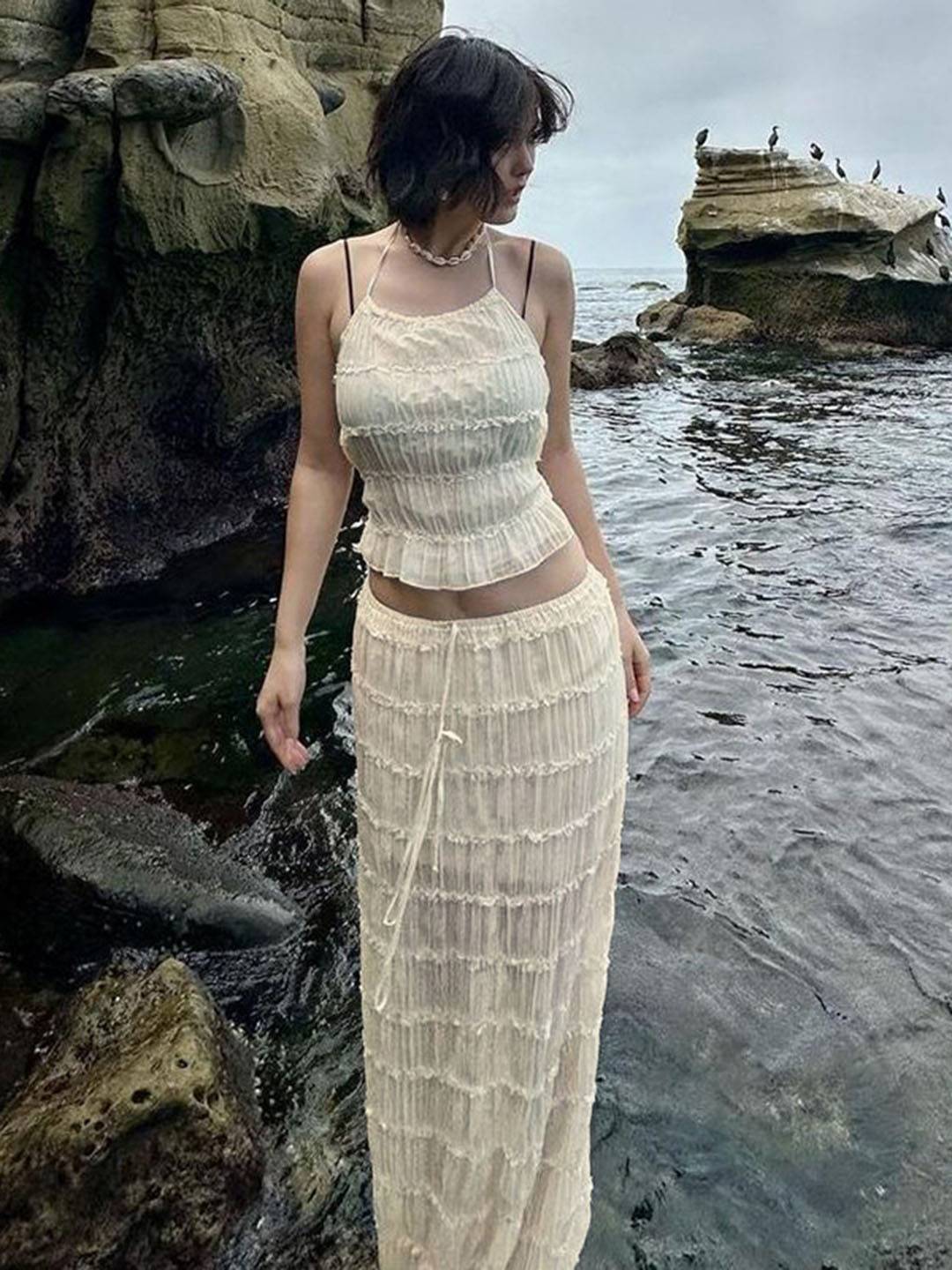 tenue ensemble avec longue jupe mousseline dos nu licou sans manches débardeur robe femme bohème décontracté deux pièces | KONF