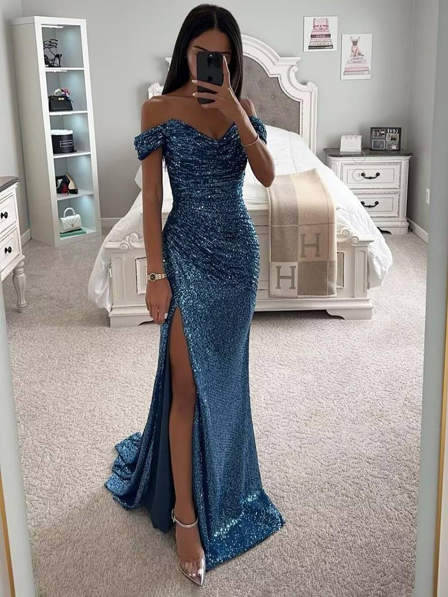 robe longue bustier brillante paillette fendu le côté sirene col bateau sans manches femme élégant de soirée cérémonie | KONF