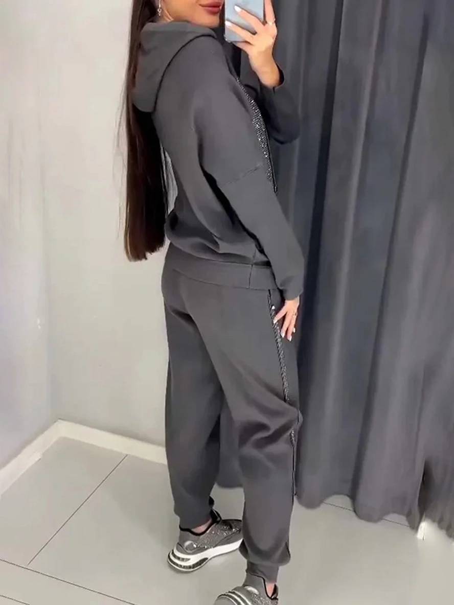 ensembles tailleur avec pantalon sweatshirt à capuche poches manches longues femme sport simple décontracté deux pièces | KONF